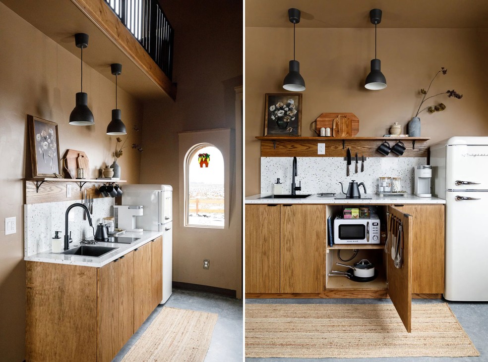 A cozinha é totalmente equipada, só não possui forno — Foto: Reprodução / Airbnb