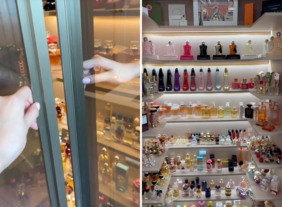 O móvel é fechado com portas de vidro e abriga mais de 100 frascos de perfume — Foto: TikTok / @supporttradex / Reprodução