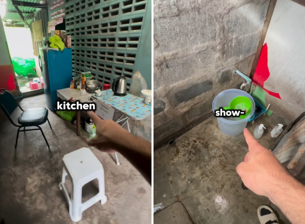 A cozinha compartilhada é composta por uma geladeira e uma mesa com alguns pequenos eletrodomésticos e o chuveiro é apenas um balde — Foto: Instagram / @rariyoutube / Reprodução