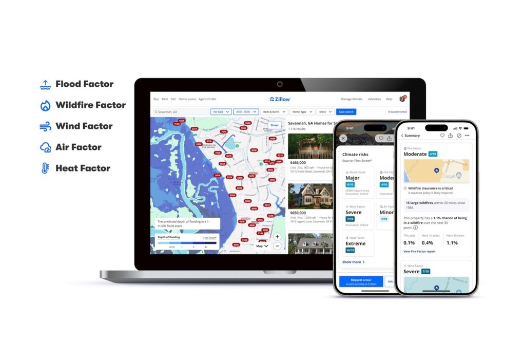 A imobiliária virtual Zillow é pioneira em alertar para riscos associados às mudanças climáticas nos anúncios de seus imóveis — Foto: Divulgação