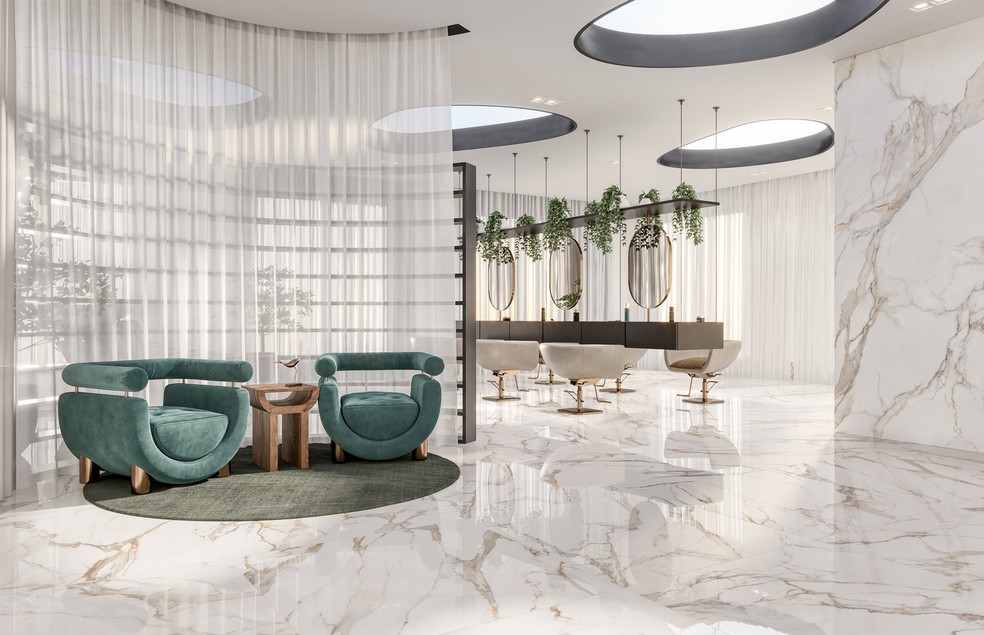 Incepa traz o Calacatta Oro, que mostra a elegância do porcelanato com versatilidade e uma combinação do mármore branco com veios dourados — Foto: Incepa/Divulgação