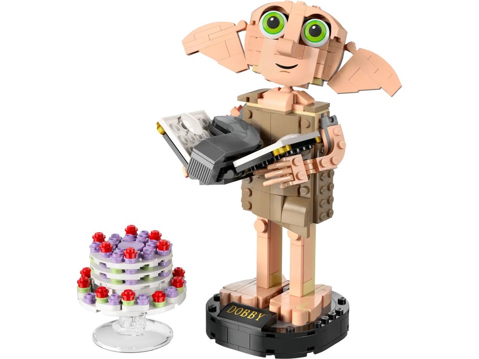 Além de Dobby, o kit contempla um bolo, diários de Tom Riddle e uma meia, elementos importantes para o filme — Foto: LEGO / Reprodução