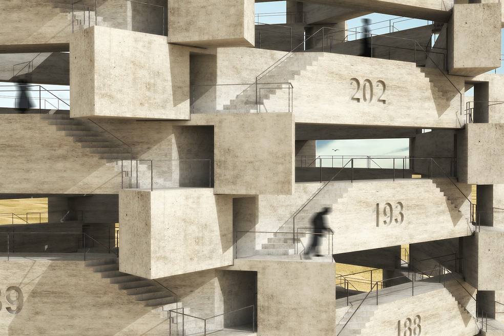 O arranha-céu prevê blocos de concreto numerados, representando cada operário morto — Foto: Week Architecture / Reprodução