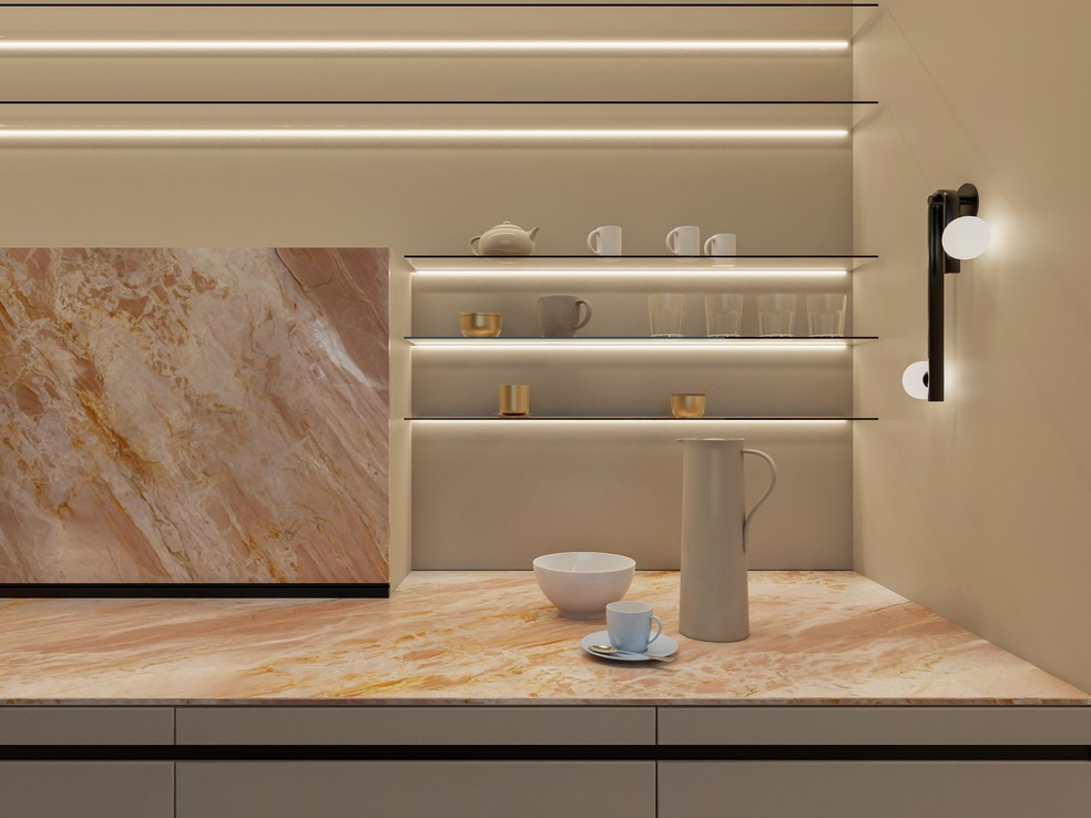 Com tonalidade rosa e rico em camadas, o quartzito Splendido, da Decolores, agrega acolhimento e charme aos projetos de interiores — Foto: Decolores/Divulgação