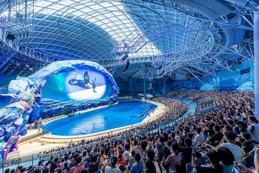 A gigantesca área temática de orcas do parque Chimelong Spaceship, em Zhuhai, na China — Foto: Themeparx / Divulgação