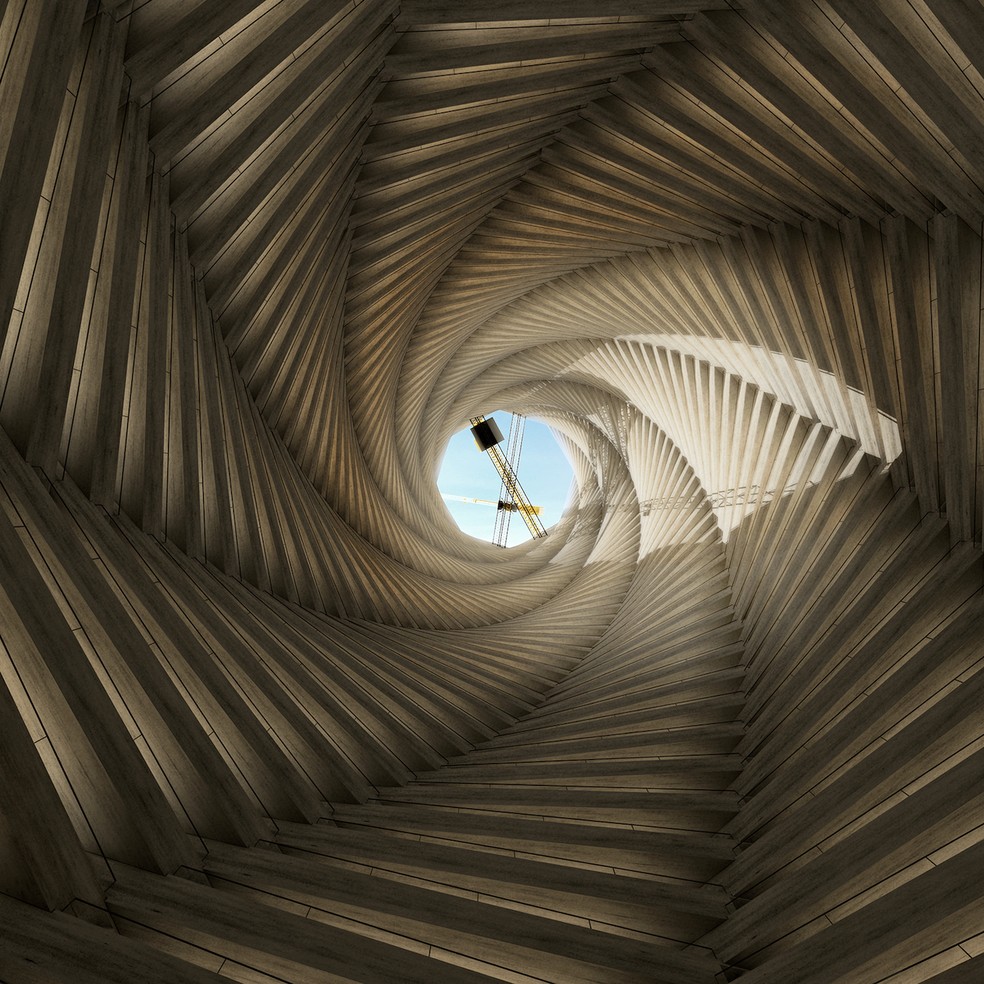 Em formato cilíndrico, a torre seria posicionada no deserto e serviria de espaço de contemplação — Foto: Week Architecture / Reprodução