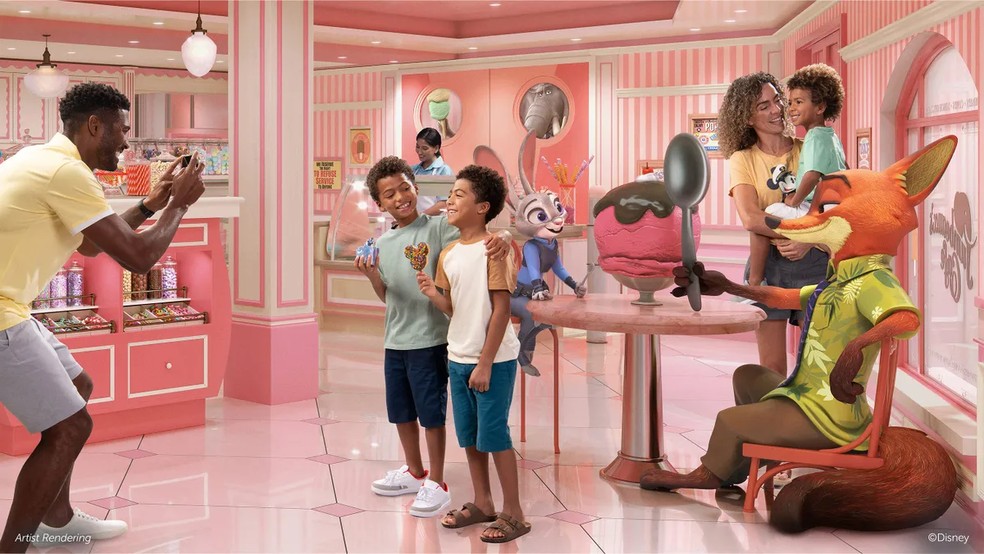 A confeitaria de Zootopia terá decoração rosa e uma estátua dos policiais Judy Hopps e Nick Wilde — Foto: Disney Cruise Line / Divulgação