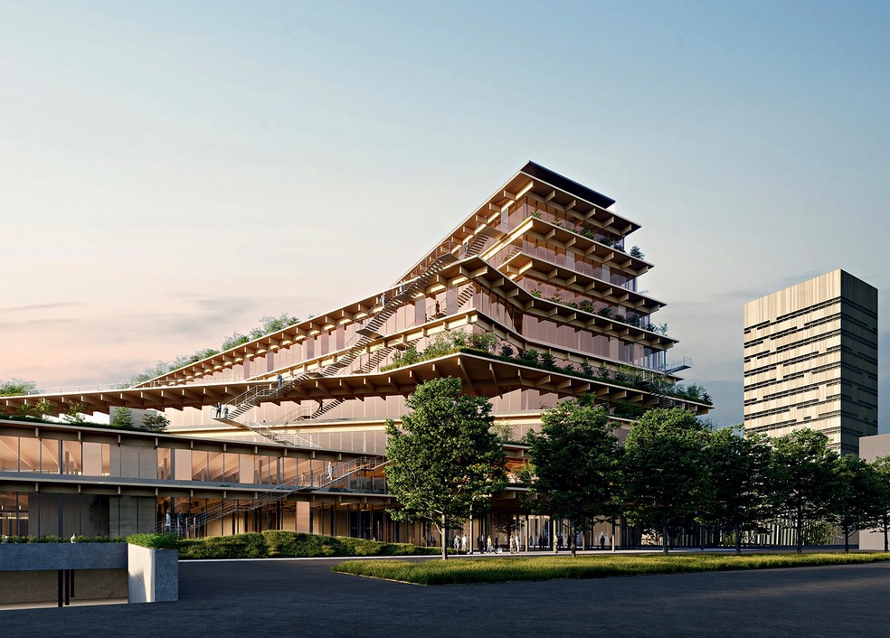 Welcome, Feeling at Work, que será construído em Milão, na Itália, incorpora a ideia de floresta vertical no telhado e na fachada — Foto: Kengo Kuma & Associates / Divulgação