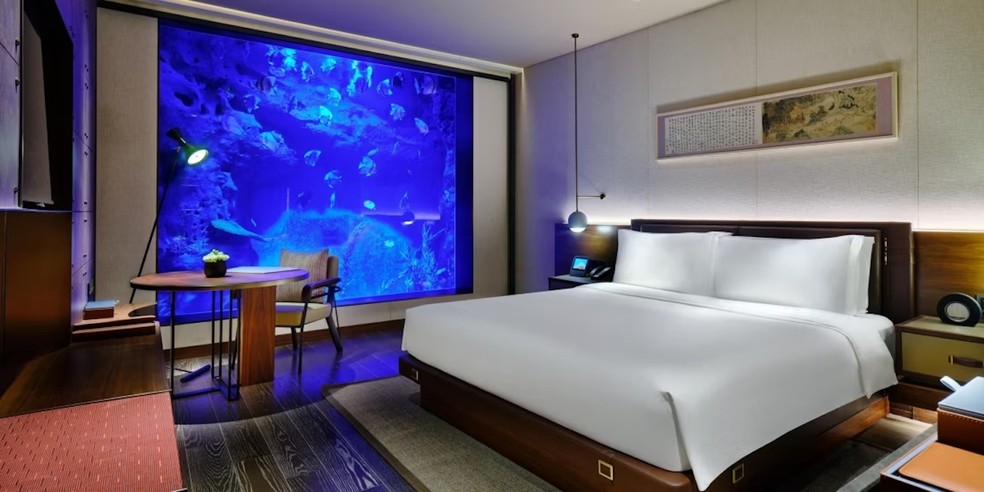 Outras opções de suítes foram erguidas abaixo do solo, com vista para o fundo do lago — Foto: Intercontinental Hotels & Resorts / Divulgação