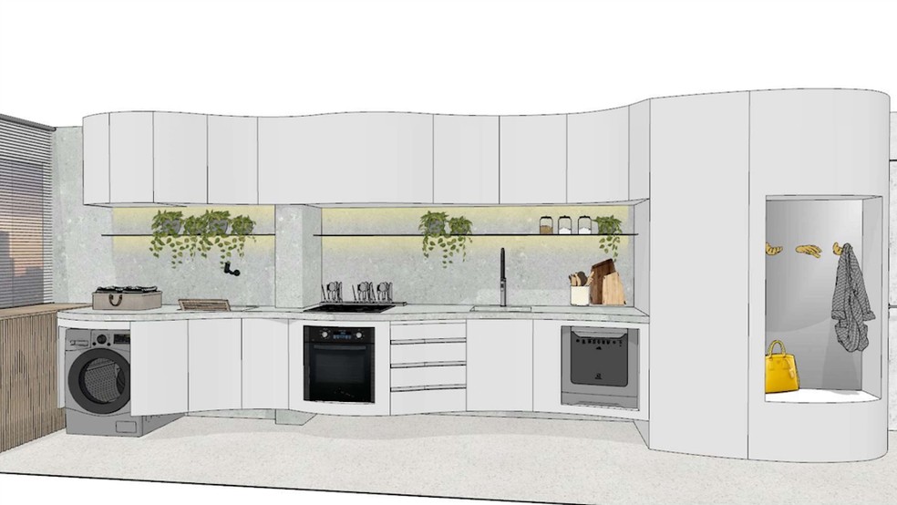 A cozinha de Satiko será toda aberta e terá ar futurista cheio de linhas orgânicas  — Foto: Divulgação