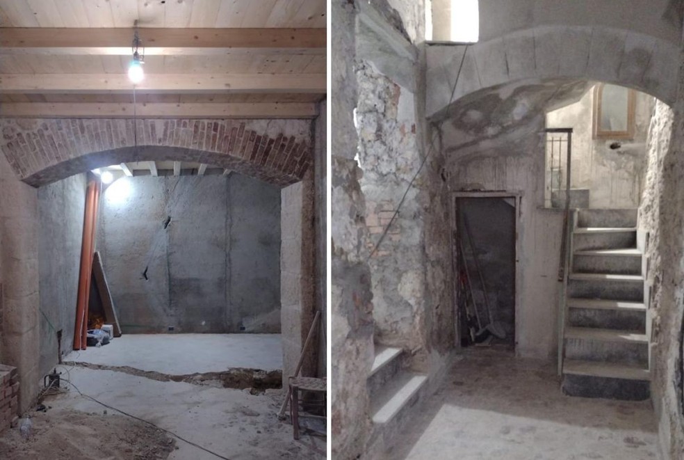 Por baixo do reboco, Rubia Daniels encontrou arcos originais das casas de 1 euro na Itália — Foto: Rubia Daniels / Arquivo Pessoal