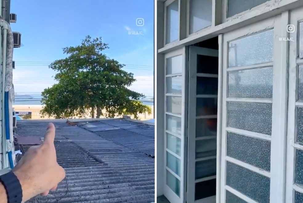 Outra kitnet no mesmo prédio, de R$ 1,5 mi, tem vista para telhados e porta precisando de reforma — Foto: TikTok / @falajc / Reprodução