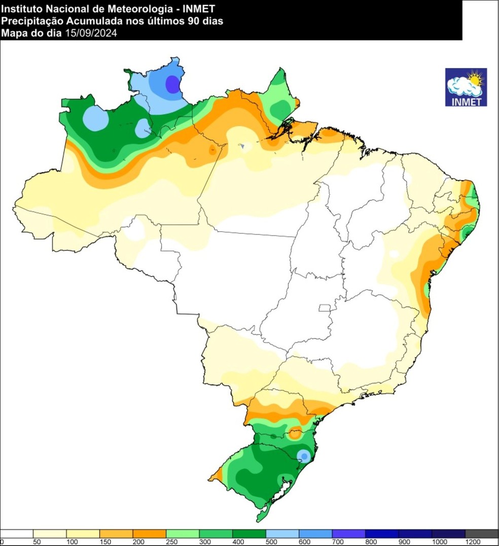Mapa do Inmet mostra precipitação acumulada no país nos últimos 90 dias — Foto: Inmet / Divulgação