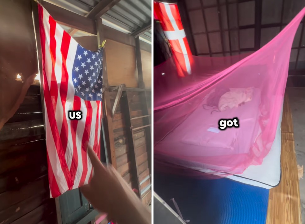 No espaço minúsculo, o homem colocou uma bandeira dos Estados Unidos para ajudá-lo a se sentir "em casa" — Foto: Instagram / @rariyoutube / Reprodução