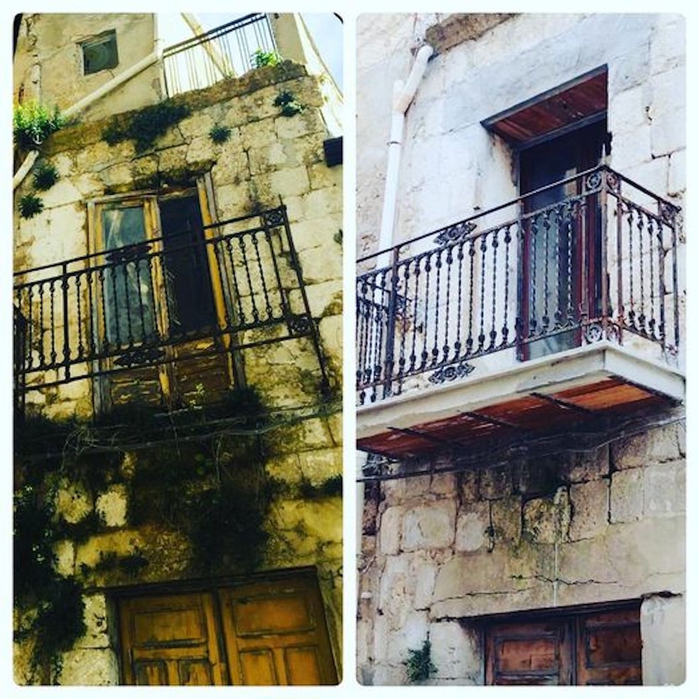 O antes e depois da fachada de uma das casas mostra o andamento da reforma — Foto: Facebook / Rubia Daniels / Reprodução