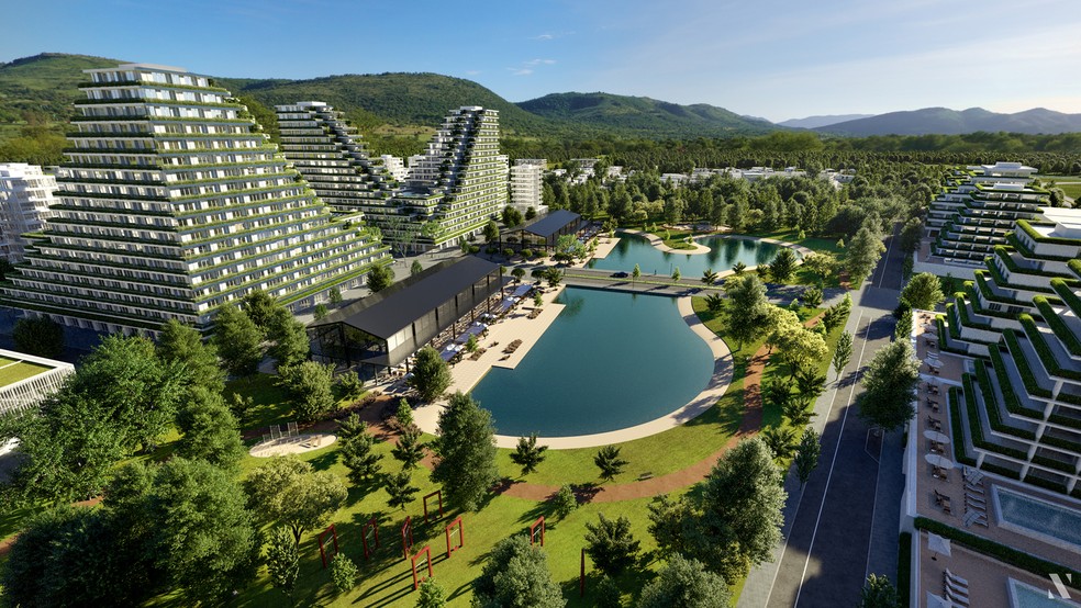 Vivapark Porto Belo. Projeto de: Débora Ciociola e Felipe Guerra, com a criação e coordenação; Marina Sutile responde pela coautoria e desenvolvimento; e Carlos Oliveira Perna foi consultor de paisagismo e infraestrutura verde — Foto: Divulgação / Vokkan