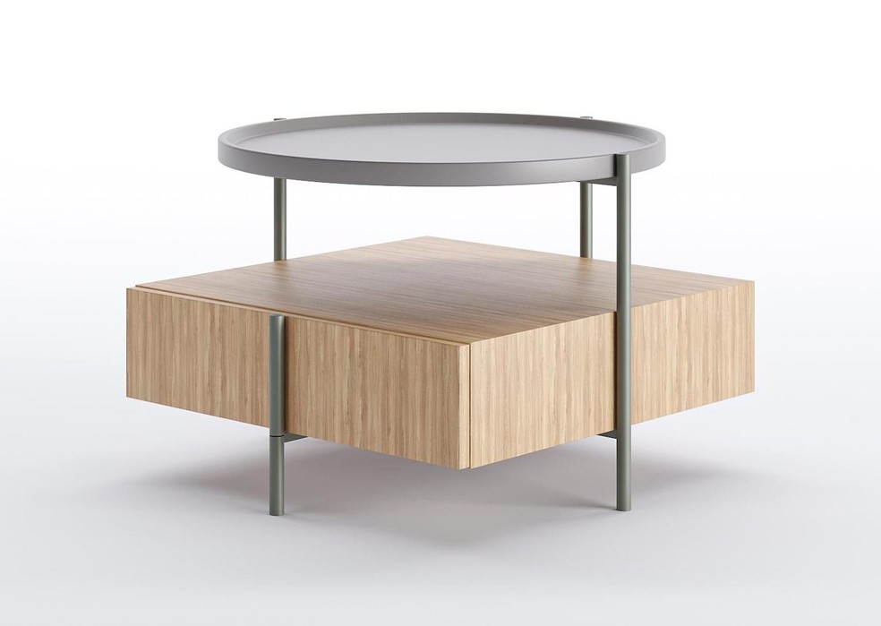 A mesa lateral para quarto "Geo", da Dopo Móveis, traz madeira e metal e vem com uma gaveta — Foto: Muse Design Awards / Divulgação