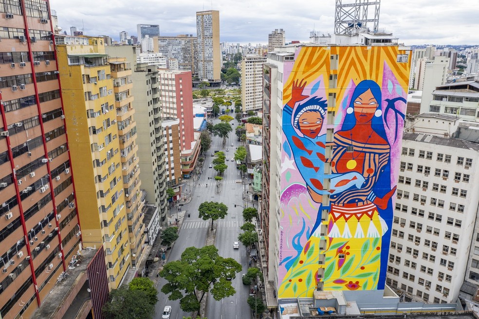 Obra de Daiana Tukano para o Circuito Urbano de Arte — Foto: Caio Flavio / Area de Serviço / Divulgação