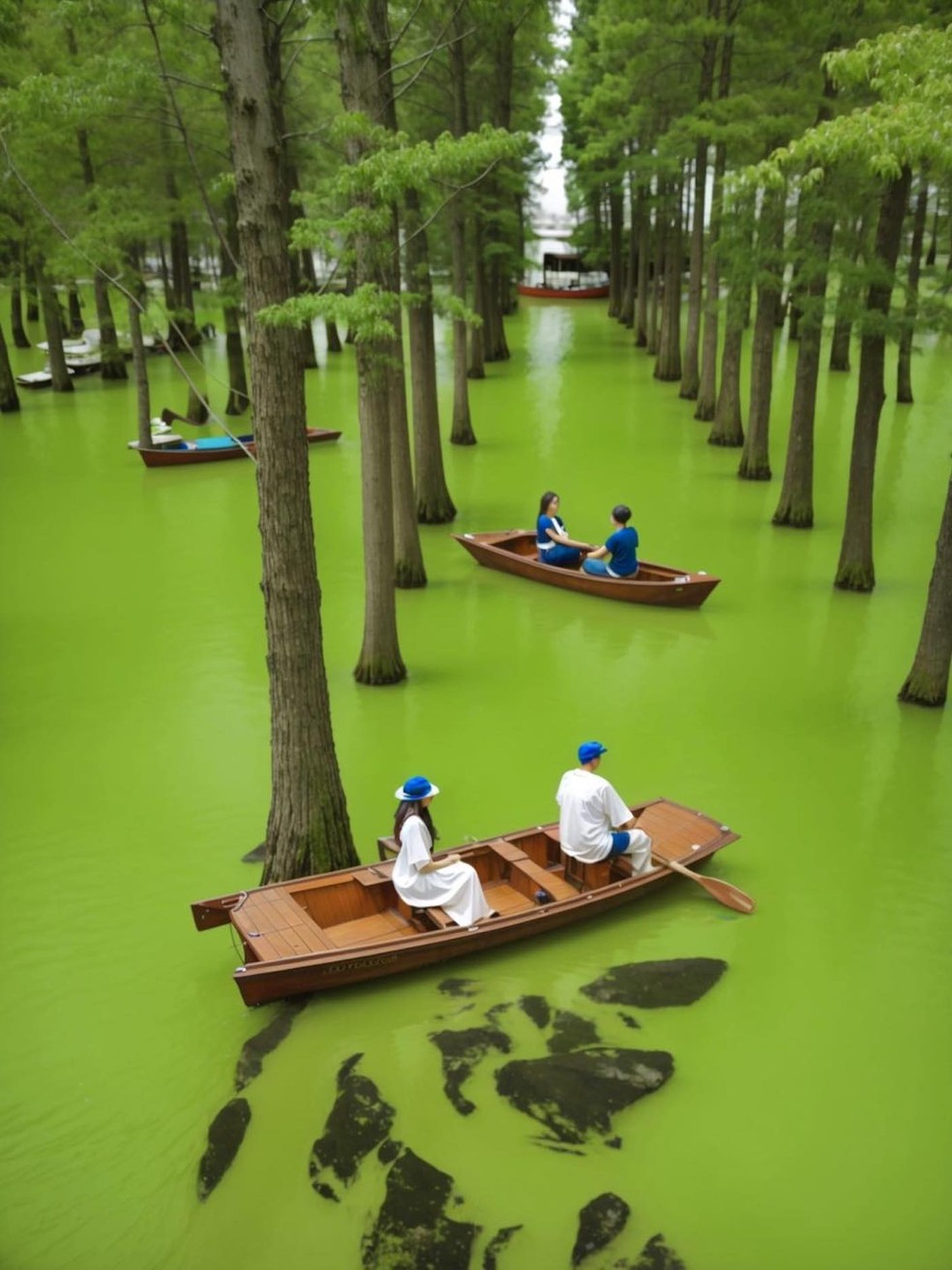 O Luyang Lake Wetland Park, em Yangzhou, na China, é um lago extremamente verde — Foto: Facebook / Feel the moment / Reprodução
