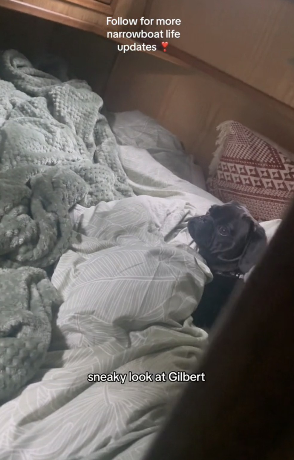 A cama da jovem fica em uma área reservada — Foto: TikTok / @thatweirdboatgirl / Reprodução