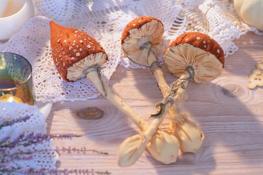Os cogumelos podem ser usados tanto naturalmente quanto no formato de móveis ou objetos artesanais, proporcionando personalidade ao ambiente