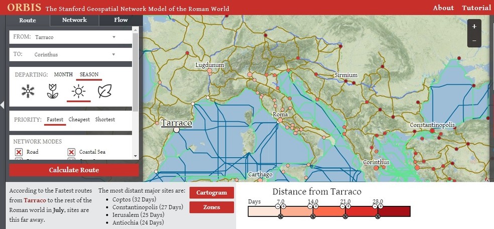 O ORBIS, Modelo Geoespacial de Stanford do Império Romano, é super personalizável e apresenta diversas opções de trajeto — Foto: ORBIS / Reprodução