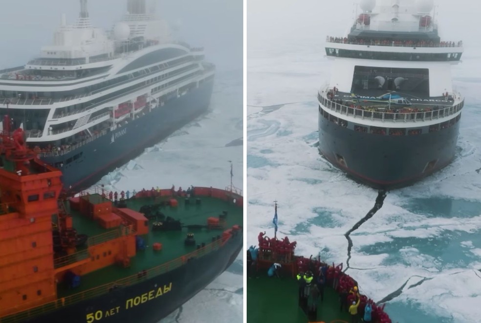 Os mais poderosos navios quebra-gelo do mundo se cruzam no Polo Norte — Foto: Instagram / @makhorov / Reprodução