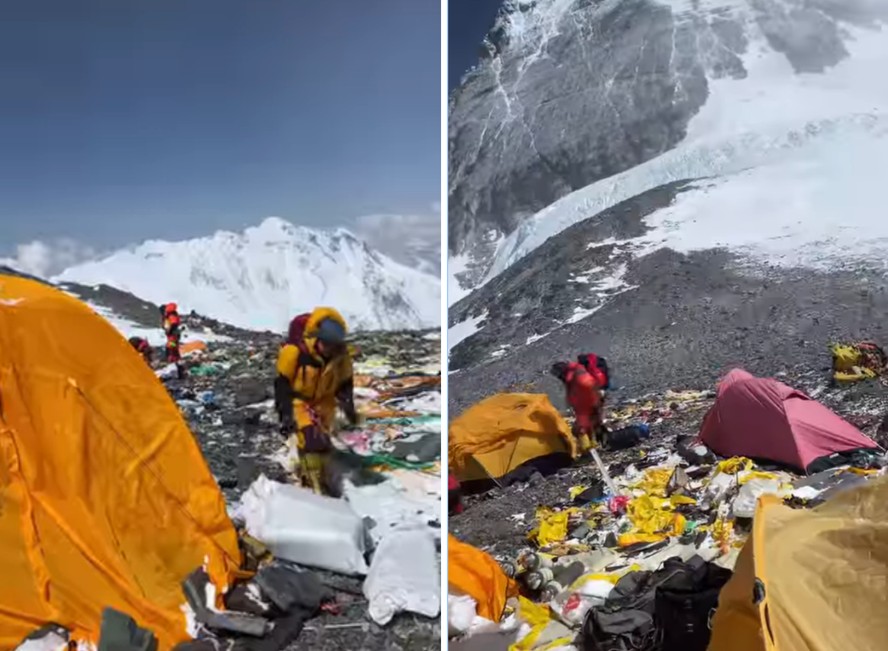 Um grupo de pessoas organiza expedições às montanhas das cordilheiras para remover o lixo deixado por montanhistas