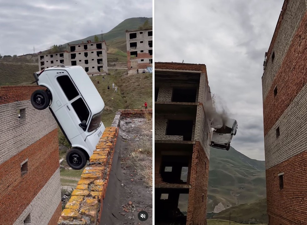 O russo não chegou a alcançar o outro lado e acabou batendo com a frente do carro na parede do outro prédio — Foto: Instagram / @chebotarev_life / Reprodução
