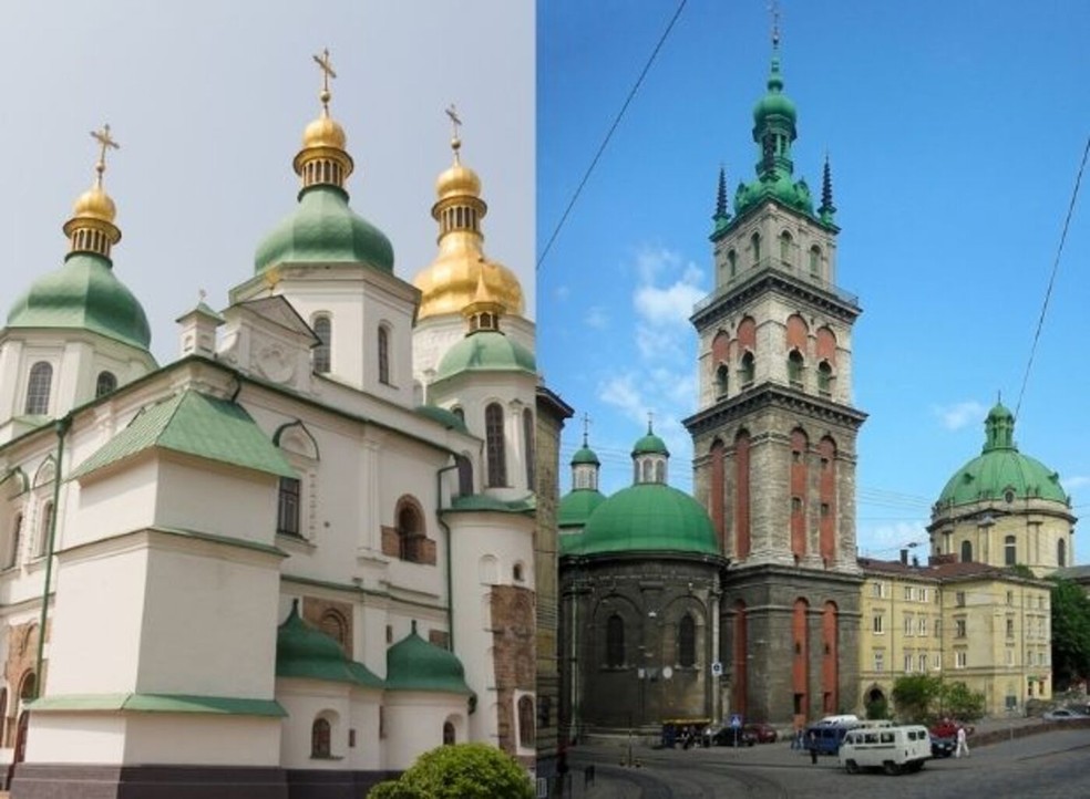 Catedral de Santa Sofia, em Kiev, e centro histórico de Lviv, entraram na lista de Patrimônio Mundial em Perigo devido à guerra na Ucrânia — Foto: Flickr / Mark Hakansson / CreativeCommons; e Lestat (Jan Mehlich) / Wikipedia Commons