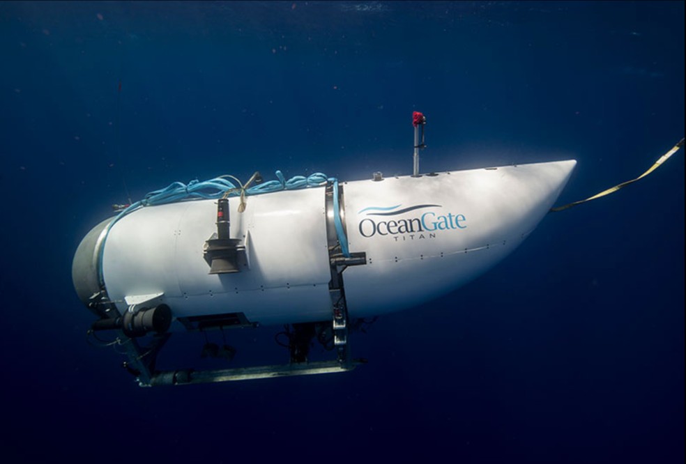 O Titan é um submarino de 6,7 m feito de fibra de carbono aeroespacial  — Foto: OceanGate Expeditions / Reprodução