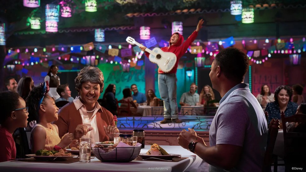 No restaurante baseado no filme Coco, onde Miguel e sua família cantarão e contarão histórias — Foto: Disney Cruise Line / Divulgação