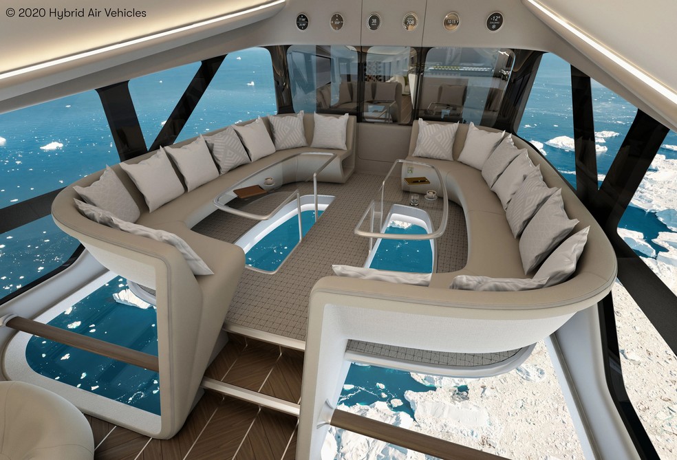 O interior de uma das salas destinadas aos passageiros — Foto: Hybrid Air Vehicles/Divulgação