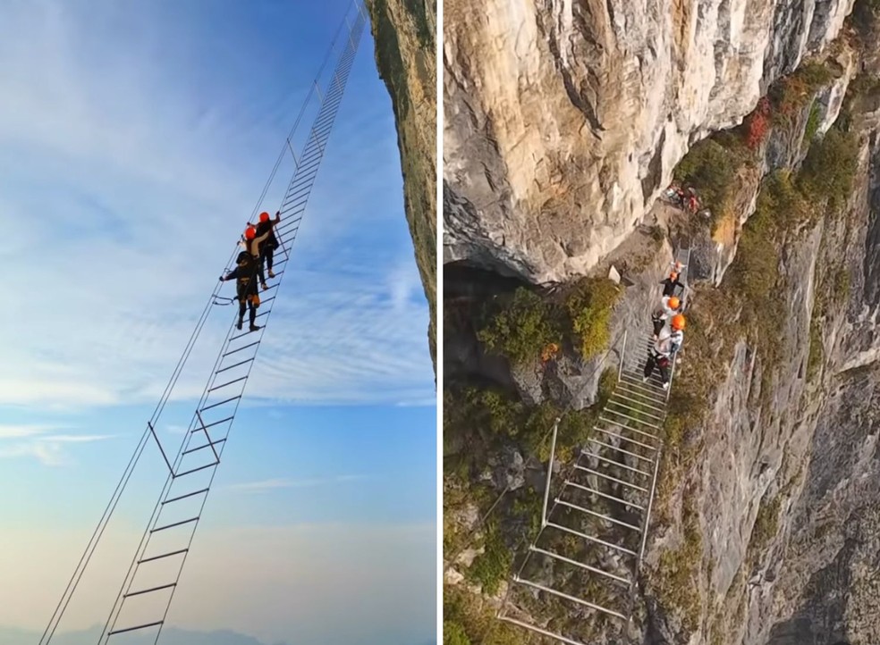 Esta trilha de escalada é feita no estilo via ferrata, percurso preparado com cabos, escadas e outros elementos fixos de aço — Foto: Instagram/@okdeal_travel_china/Reprodução