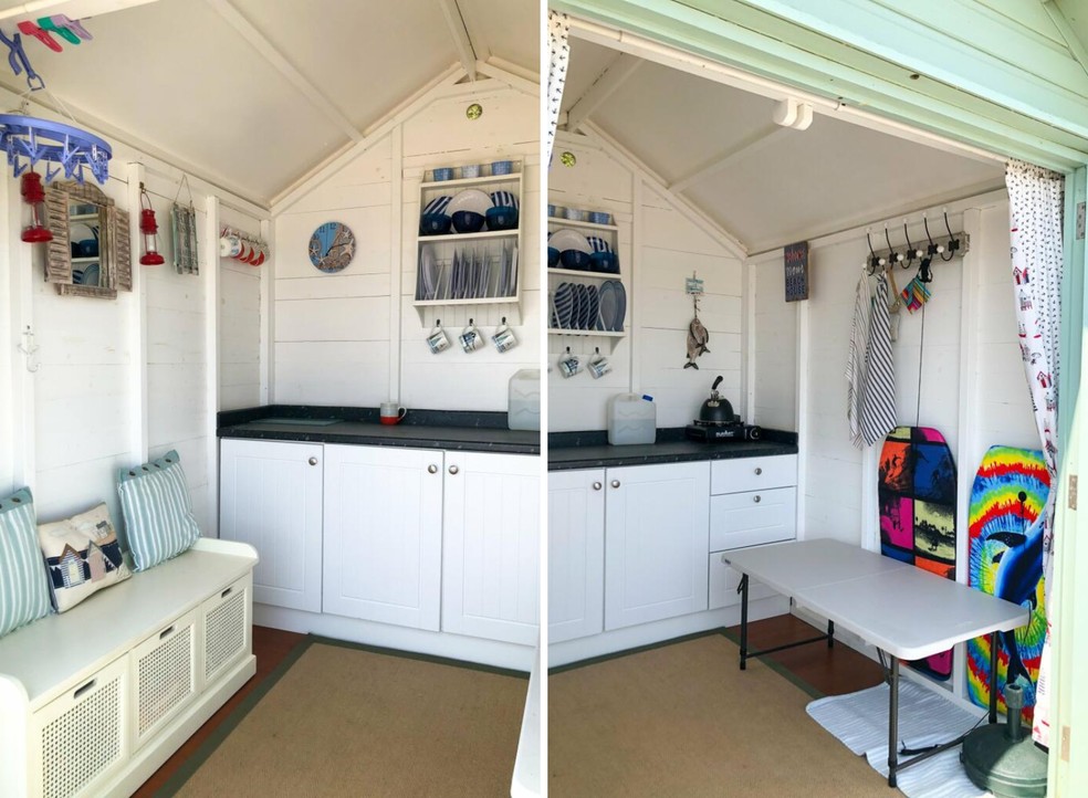 No interior, há apenas um armário, uma bancada, um banco e uma mesinha — Foto: Spencers Coastal / Reprodução