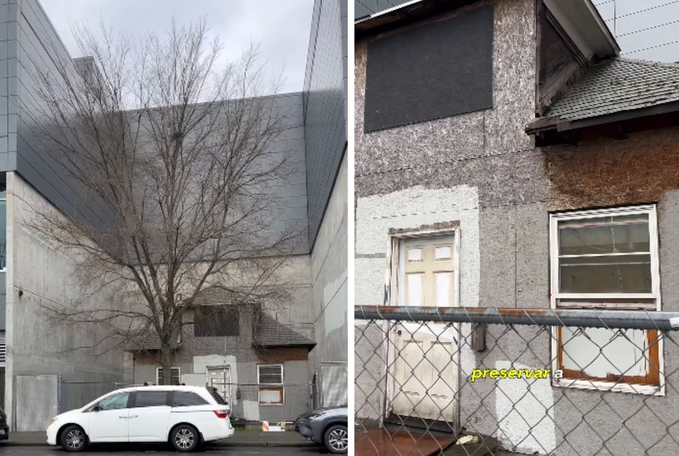 Ilhada entre edifícios enormes, a casa está abandonada após a morte da dona — Foto: Instragram / @nanda.seixas / Reprodução