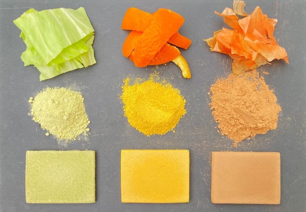 A elaboração do cimento comestível exigiu testes com diversos alimentos, como repolho, casca de laranja e de cebola — Foto: @fabula_inc / Instagram / Reprodução