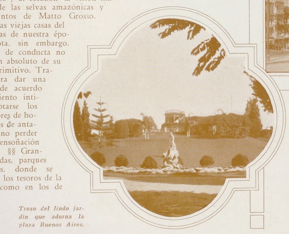 O nome Buenos Aires pode tanto ter tido influência de um projeto feito na capital argentina por Bouvard, quanto pela característica do clima da região de Higienópolis naquela época. Fotografia da praça Buenos Aires em 1928 mostra a estrutura original da área verde — Foto: Domínio Público