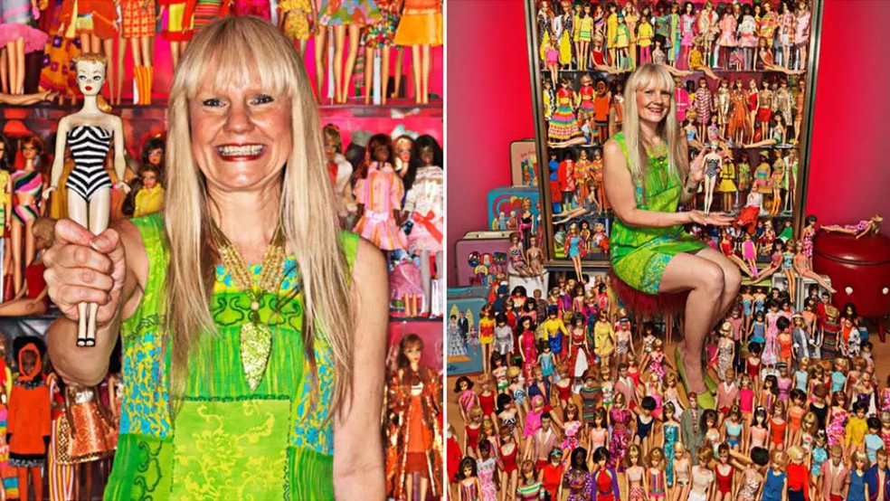 Bettina é reconhecida como a maior colecionadora de Barbies do mundo. Em sua mão, a primeira Barbie lançada pela Mattel e uma das mais raras — Foto: Reprodução / Guinness World Records