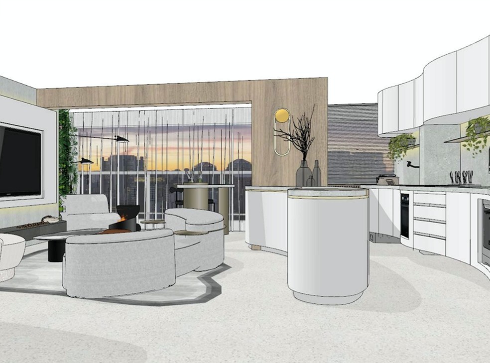 Imagem da futura sala integrada de Satiko, com ar moderno e linhas sinuosas — Foto: Divulgação