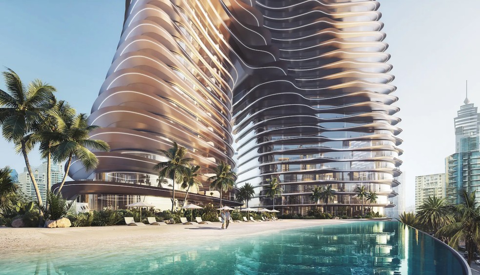 O edifício terá uma praia privada inspirada na Riviera Francesa — Foto: Bugatti / Divulgação