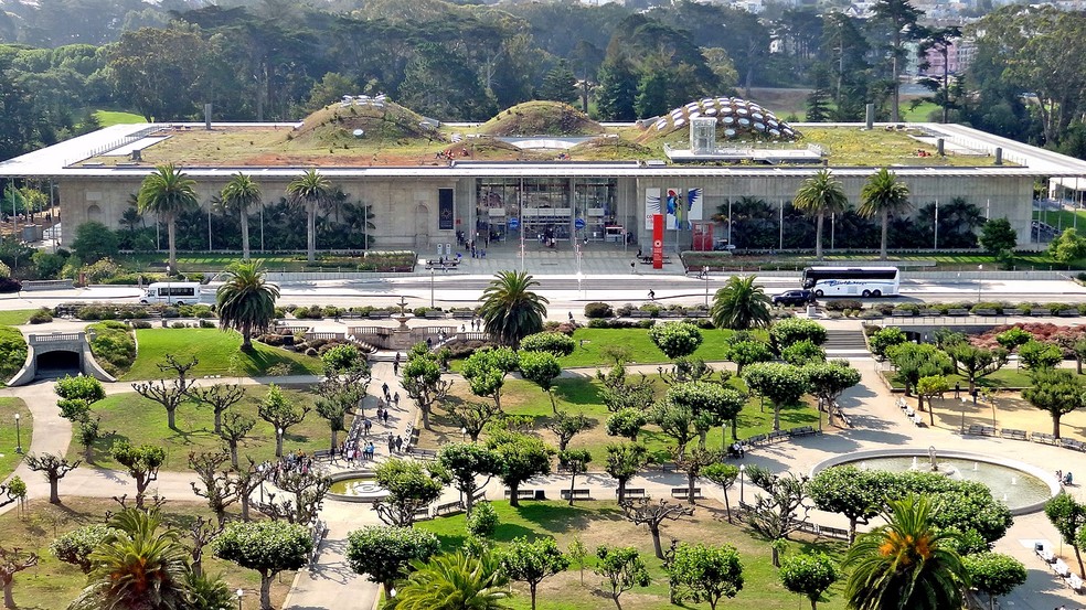 No projeto de Renzo Piano é possível ver o verde não apenas ao redor do local, mas também no teto da construção — Foto: Dennis Jarvis / Wikimedia Commons