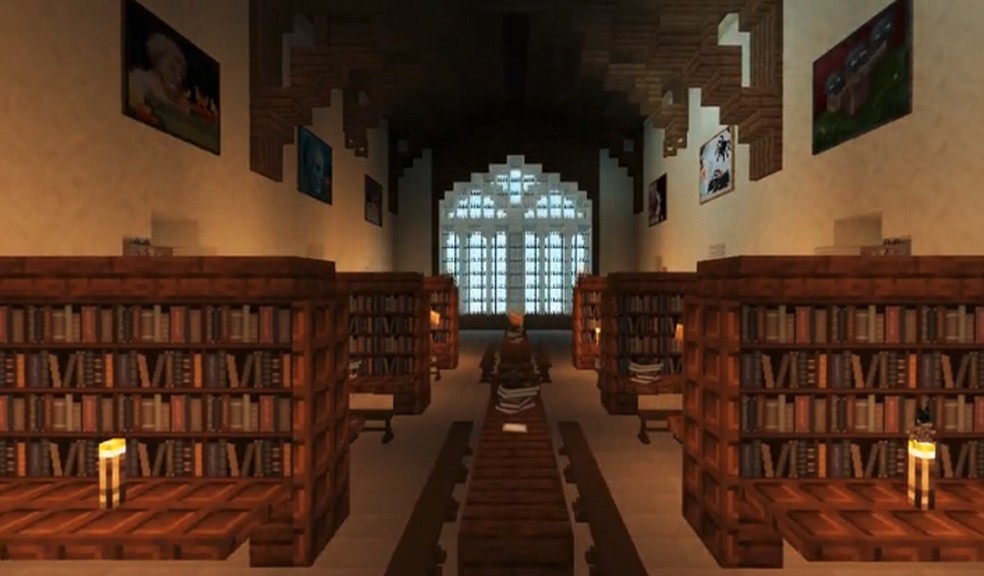 Os ambientes internos são ainda mais detalhados, como a biblioteca que traz várias estantes e centenas de livros — Foto: Reddit / @ducky_67 / Reprodução