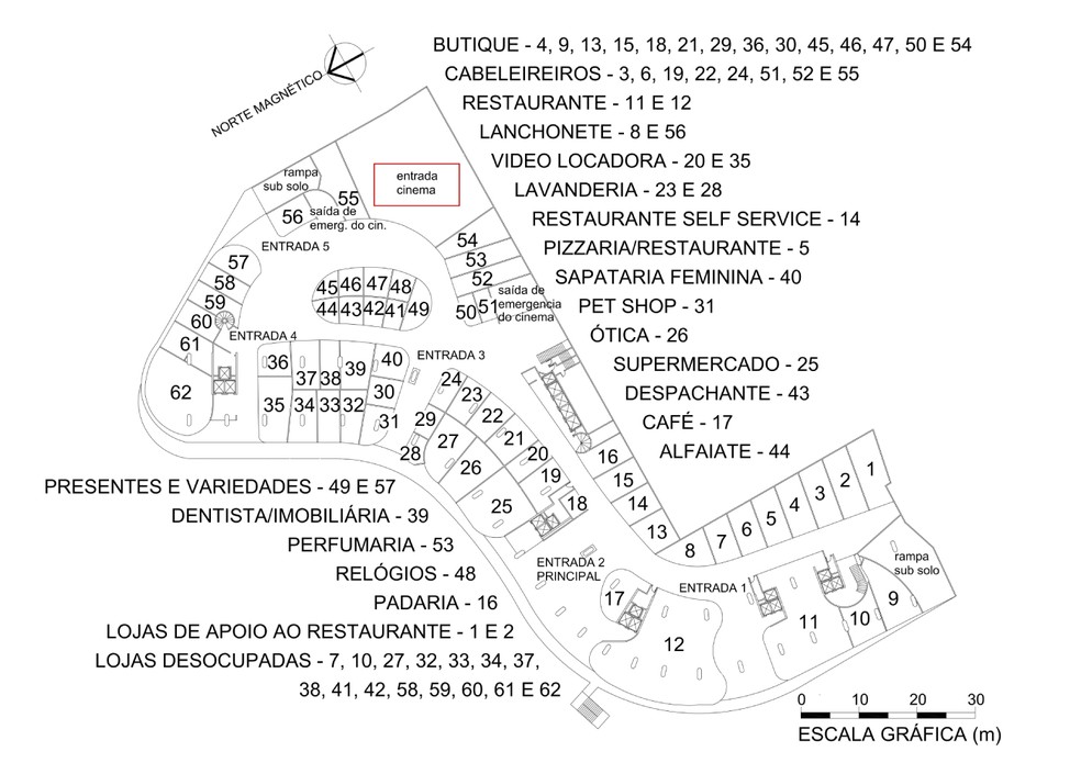 Localização e distribuição de lojas do Edifício Copan. Circulado de vermelho, o espaço do cinema, onde na época da pesquisa já funcionava uma igreja. Levantamento feito pelo pesquisador Walter José Ferreira Galvão em março de 2005 — Foto: Cedida por Walter José Ferreira Galvão/Reprodução