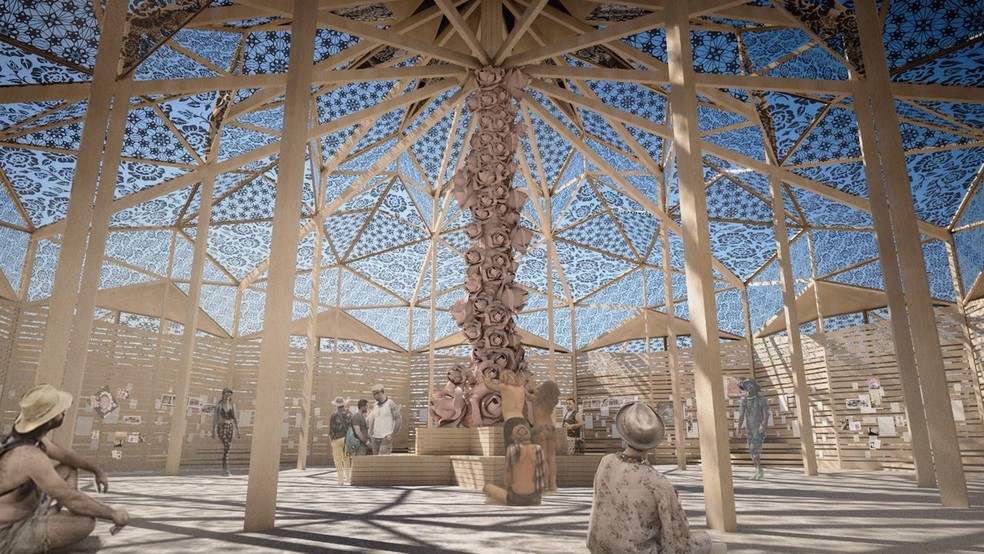 A estrutura interna possui 12 nichos com bancos embutidos — Foto: Burning Man / Divulgação