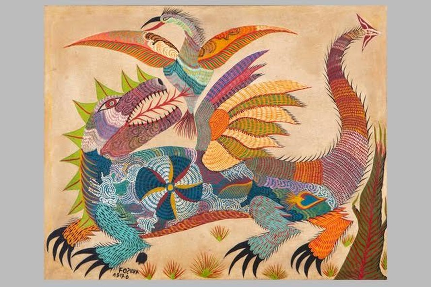 A exposição resgata o imaginário de Chico da Silva, cujas obras envolvem pássaros, peixes, dragões e outras criaturas quiméricas