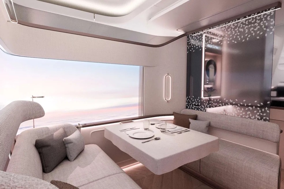 As cabines também terão mesas de jantar e um pufe que oferece mais assentos — Foto: Airbus/Divulgação