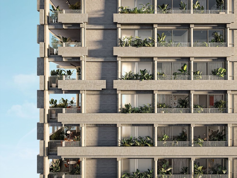 Com apenas dois apartamentos por andar e janelas piso-teto em todas as faces, a relação entre a vista da cidade e a parte interna de cada apartamento fica mais próxima — Foto: Idea!Zarvos / Divulgação