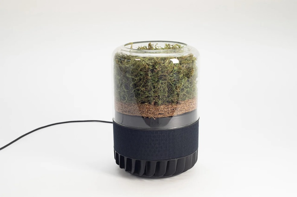 O purificador ecológico possui matriz de nanofibra de seda com carvão ativado, camada de fibra de coco e musgo — Foto: Briiv Pro / Divulgação