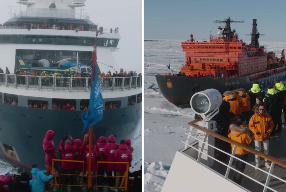 Encontro em um dos lugares mais remotos do mundo emocionou os passageiros dos navios — Foto: Instagram / @makhorov / Reprodução